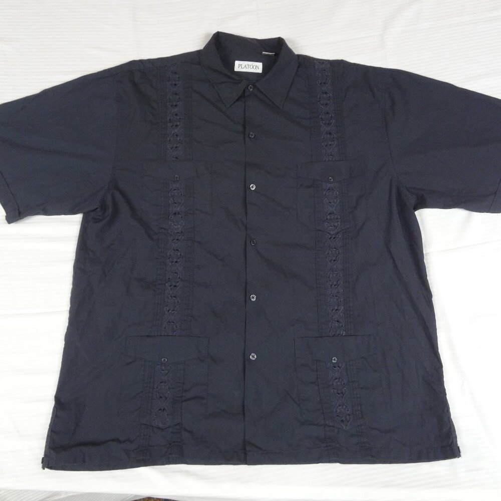 VTG PLATOON GUAYABERA EMBROIDERED 4 POCKET BUTTON UP BLACK SHIRT MENS XXL L121